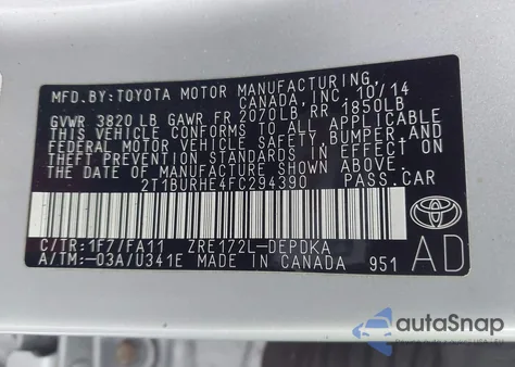 2015 Toyota Corolla L from USA, damaged, VIN 2T1BURHE4FC294390